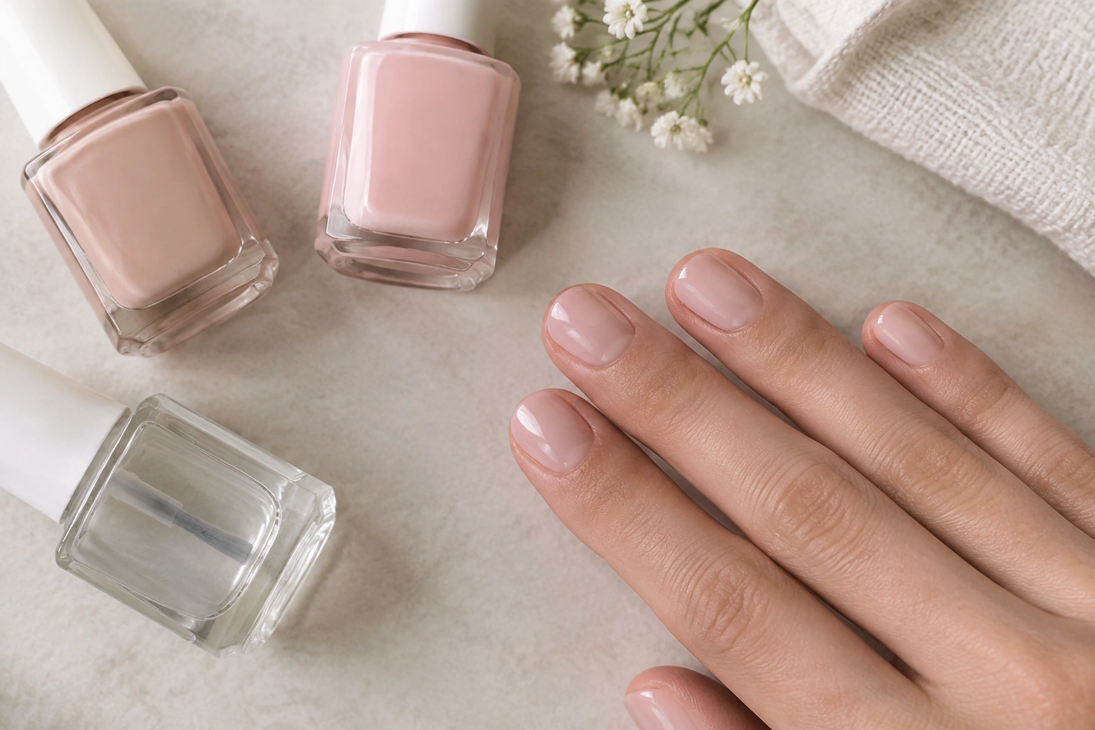 Short nails painted in subtle nude and pale pink shades