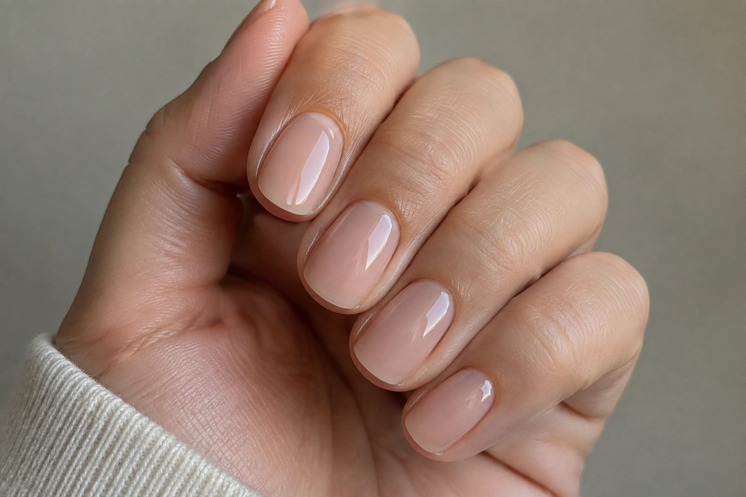 Well-shaped short nails with a glossy neutral manicure
