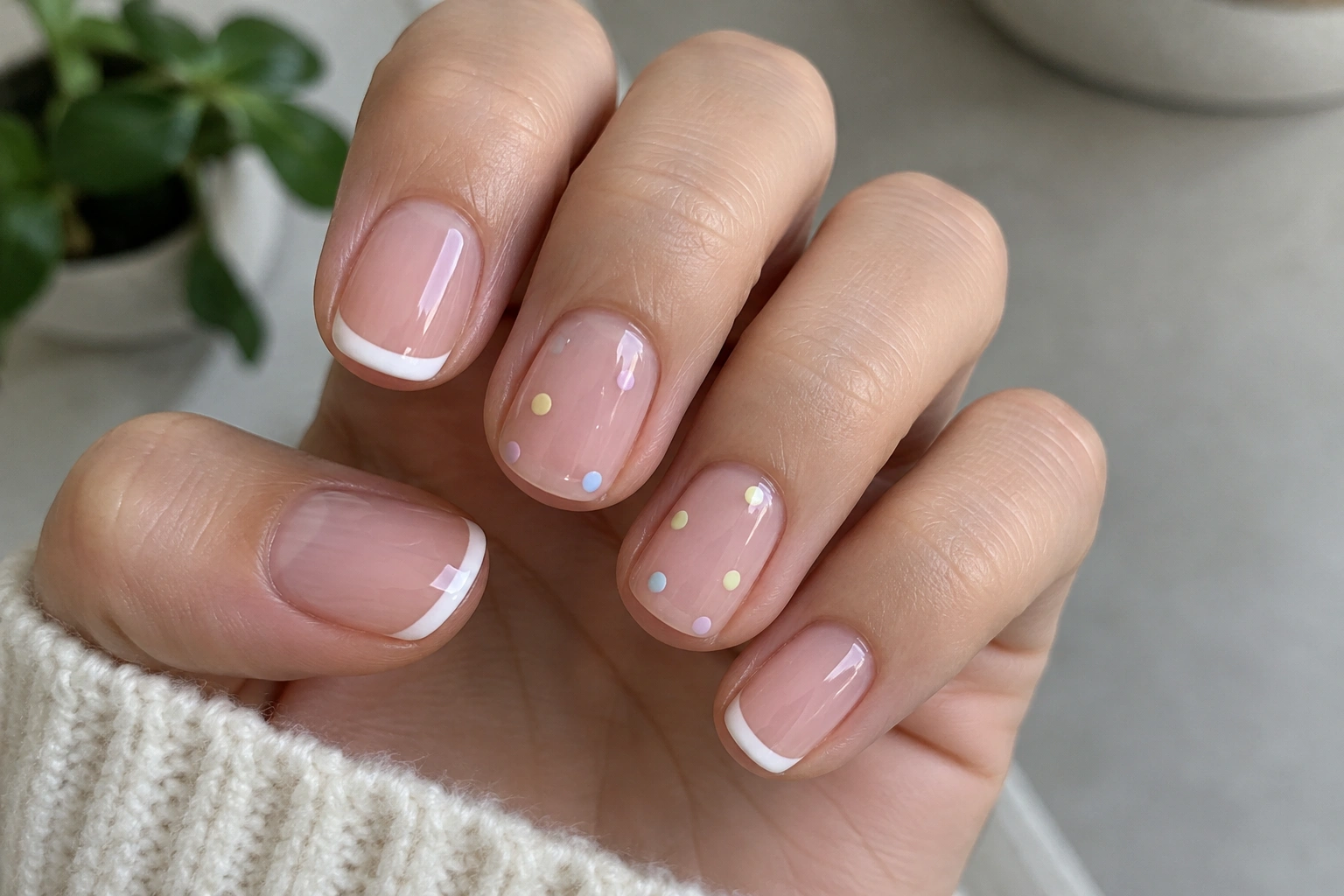 Short nails with a micro French tip and tiny dot accents