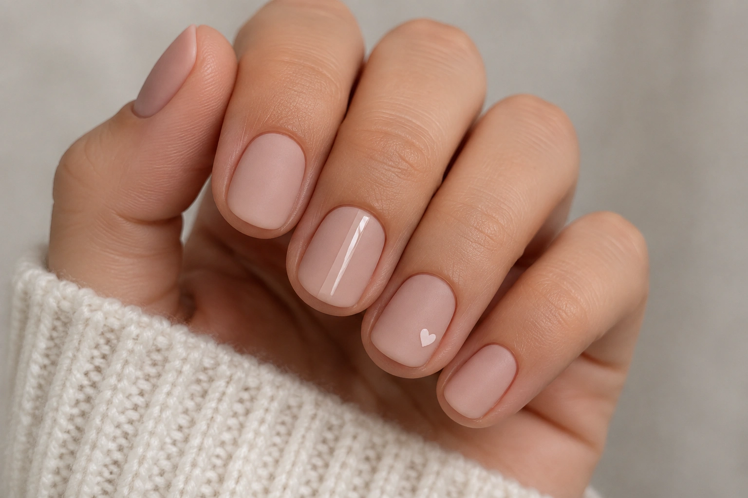 Teen manicure with matte nude nails and a glossy accent detail