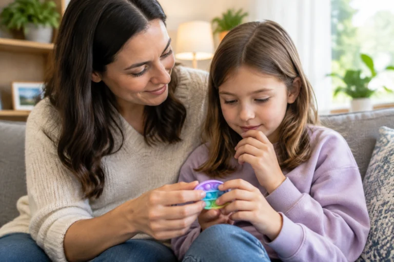 Parent helping a child use a fidget instead of biting nails