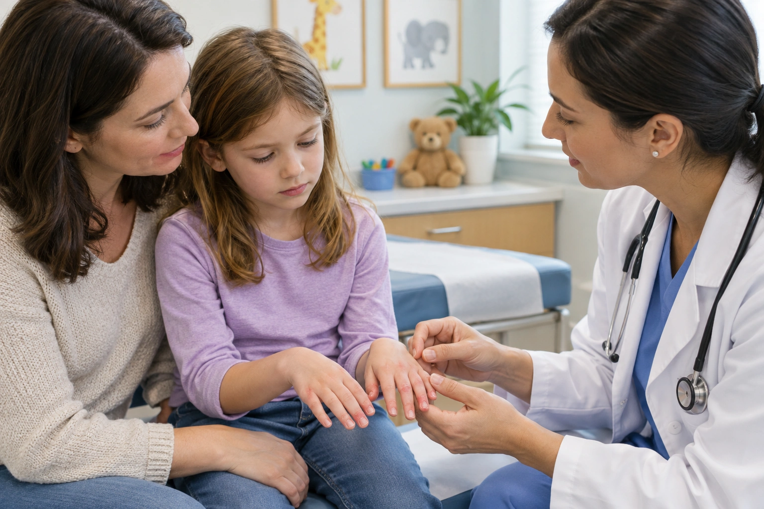 Child with irritated cuticles and a parent consulting a pediatrician