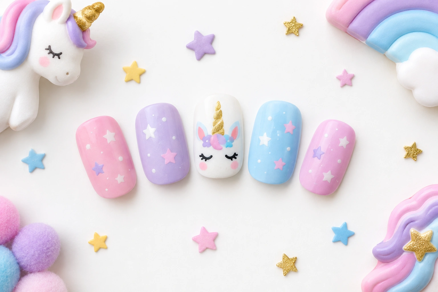 Pastel unicorn nail art for a little girl with an accent nail