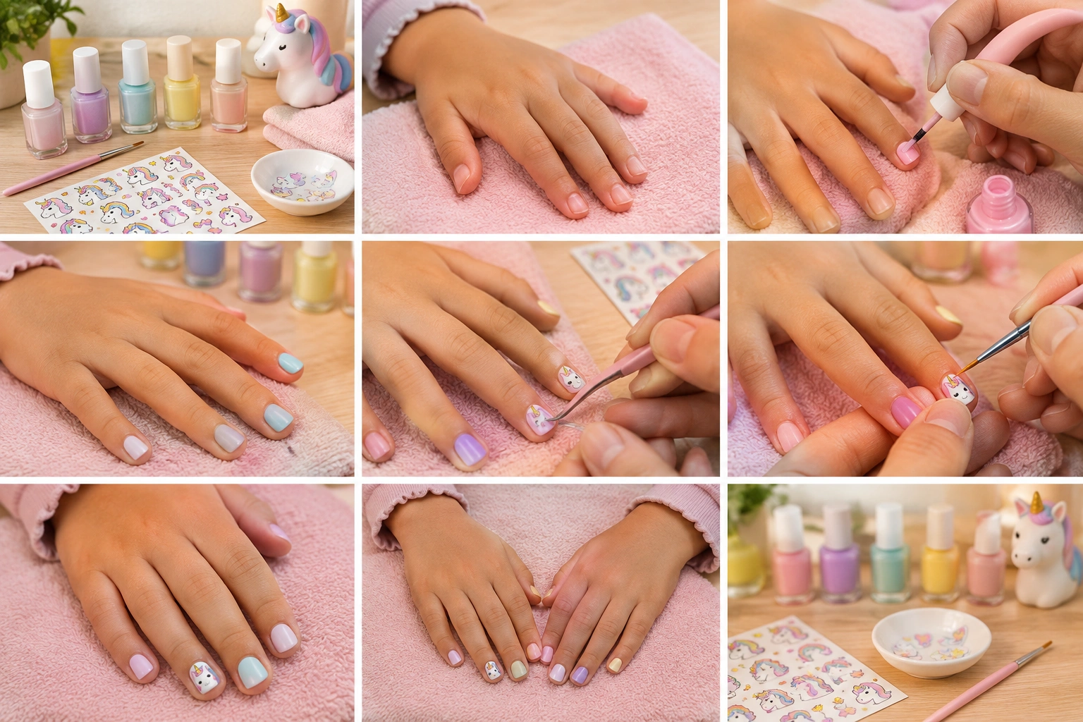 Easy unicorn nail art with stickers and pastel polish on small nails