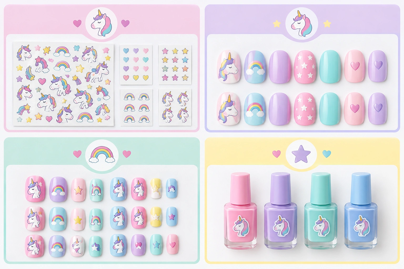 Comparison of unicorn nail stickers decals and press-on nails for kids
