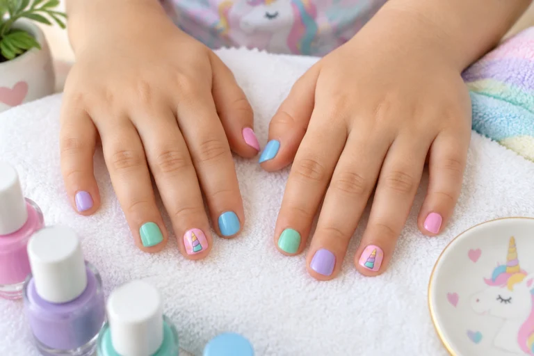 Kid-friendly unicorn nails with pastel colors and a small accent design