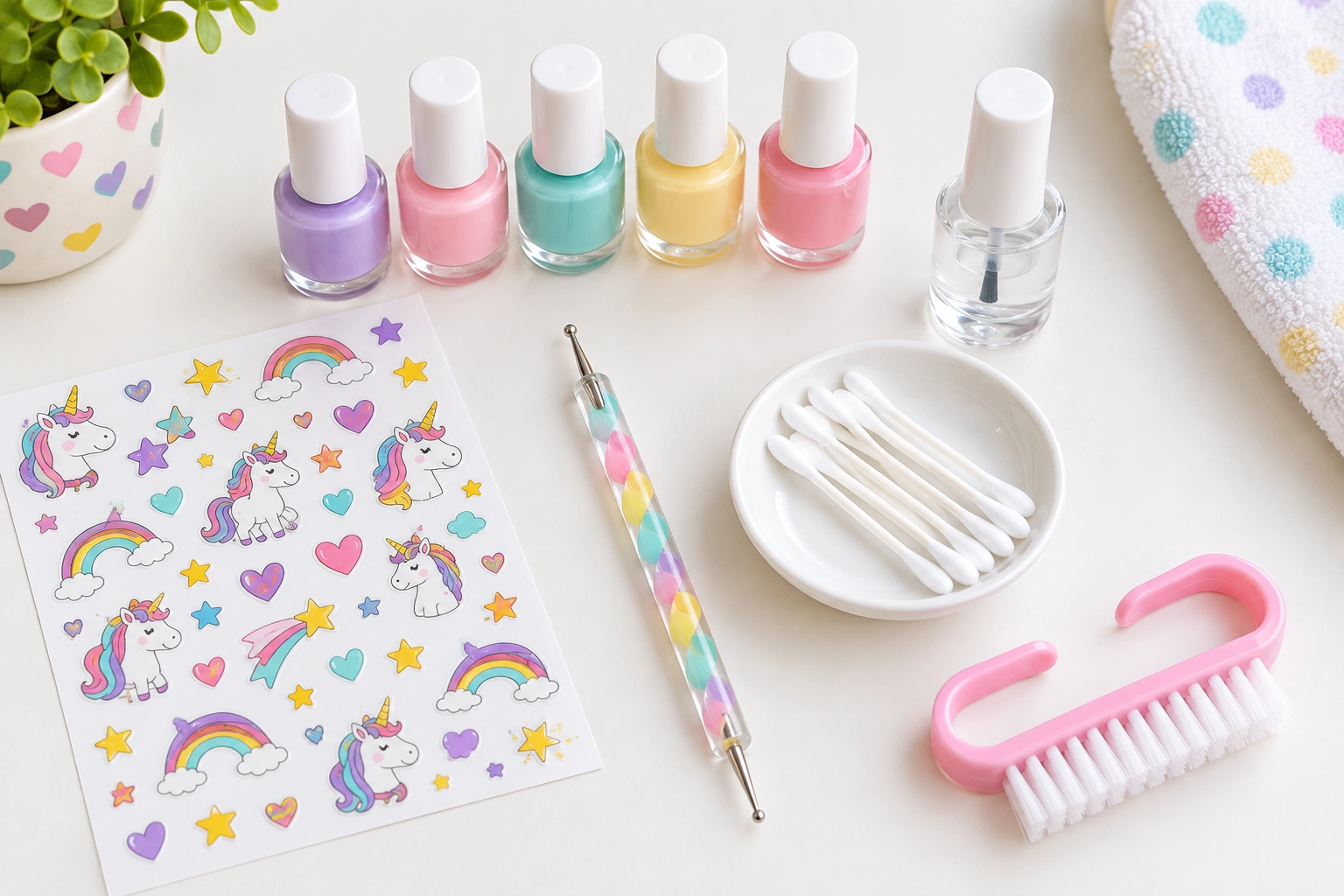 Nail stickers, dotting tool, clear top coat, and pastel polish for kids