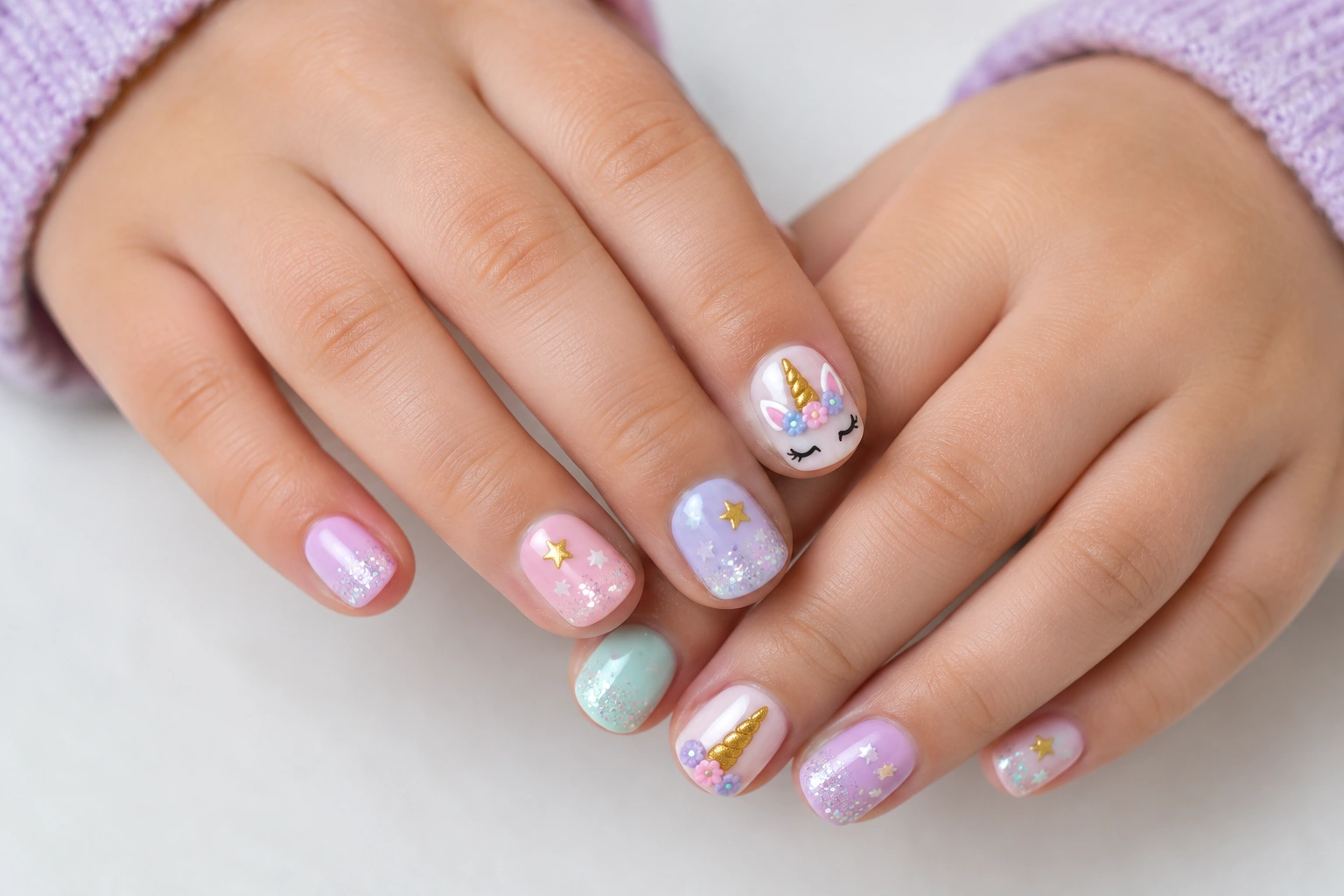 Child’s unicorn nails with glitter tips and star stickers for a party