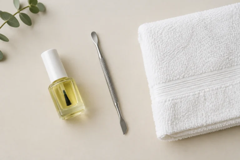 Bottle of nail oil with clean manicure tools on a light surface