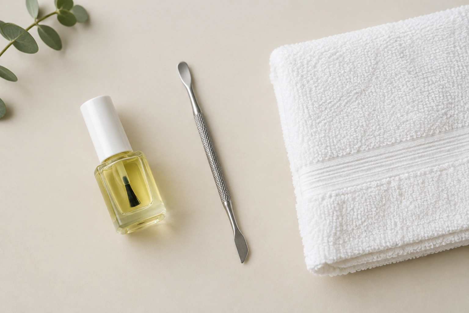 Bottle of nail oil with clean manicure tools on a light surface